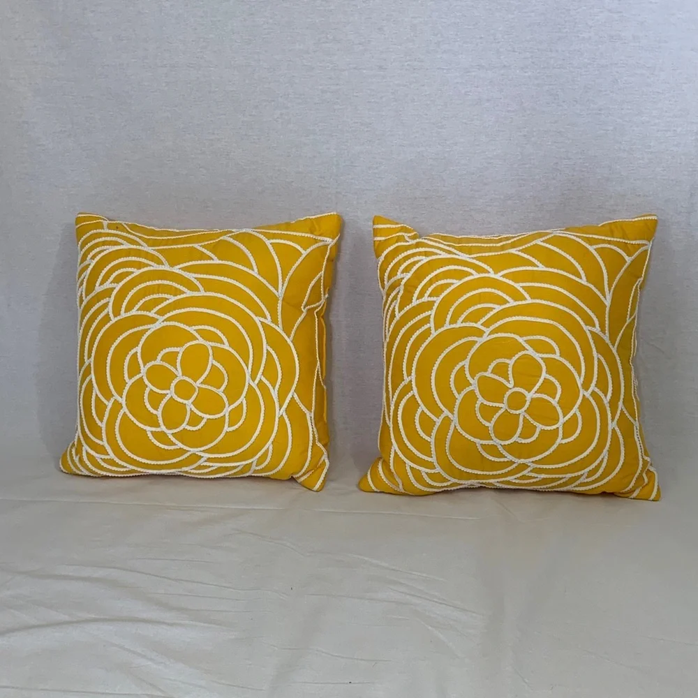 Yellow and White Rosette Decorative Pillows 16 X 16 Square Raised Trim